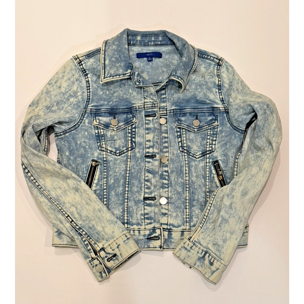 APT 9 Acid Wash Denim Jacket Women’s Medium‎ Zip Pocket Stretch Jean Jacket